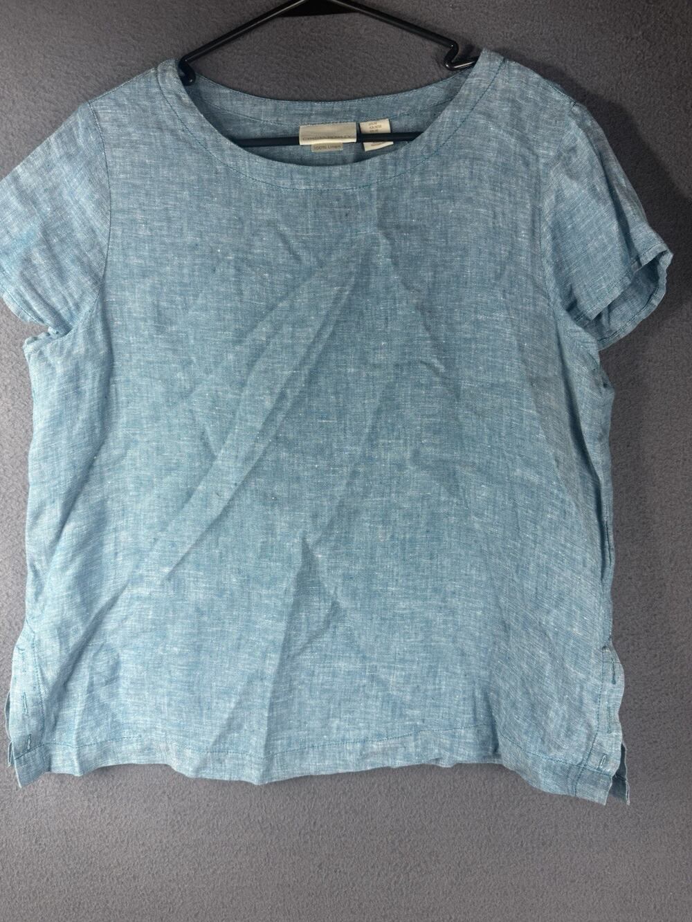 CYNTHIA ROWLEY Top M 100% Linen Chambray Blouse Boxy Short Sleeve Blue
